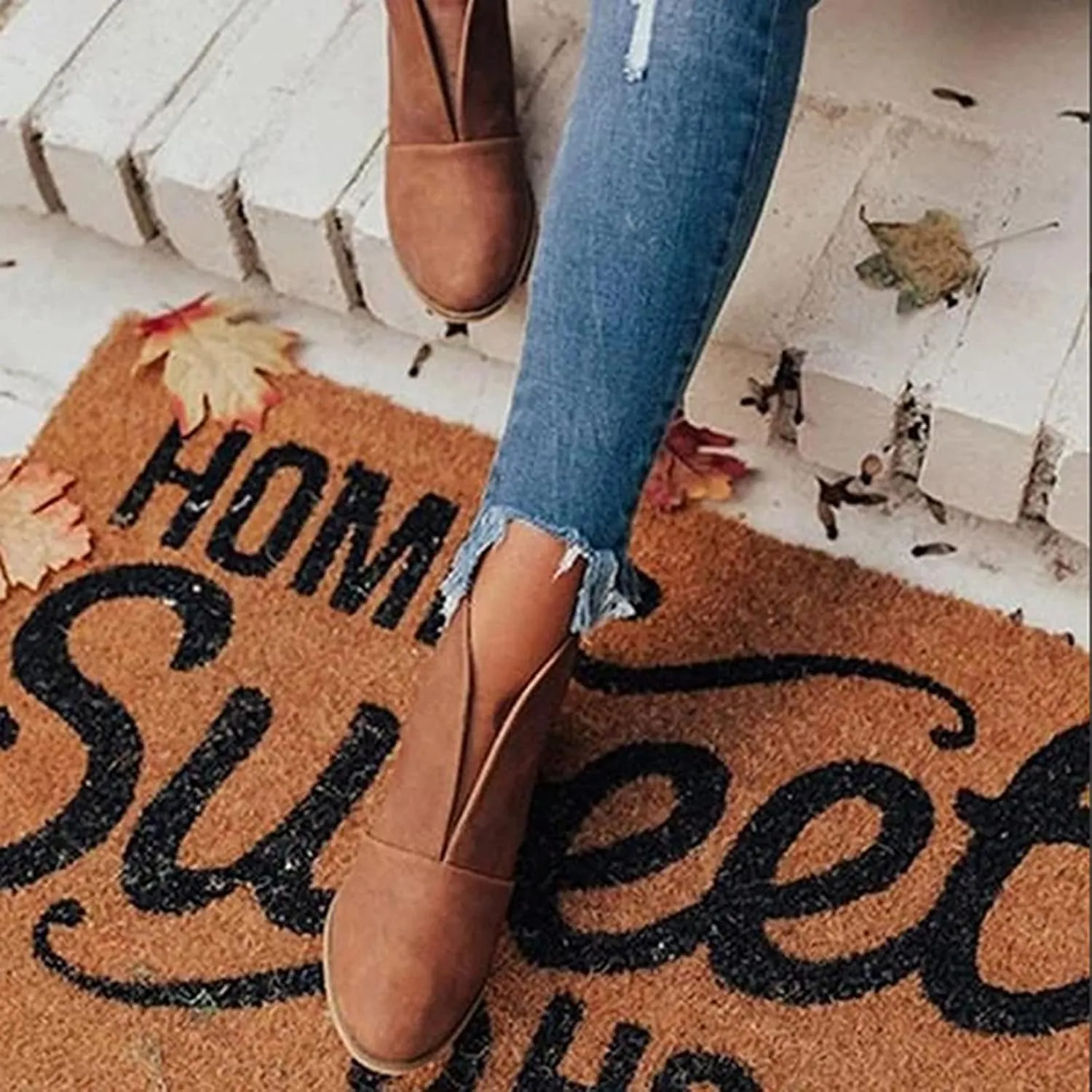 Ankle Boots for Women Front Deep V Cut Out Short Shoes Slip On Lightweight Comfort Non-Slip Chunky Stacked Heel Booties