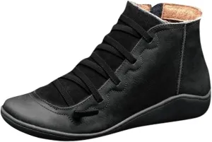 Ankle Boots for Women No Heel Arch Support Fashion Lace Up Side Zipper Booties Casual Walking Slip On Vintage Short Shoes