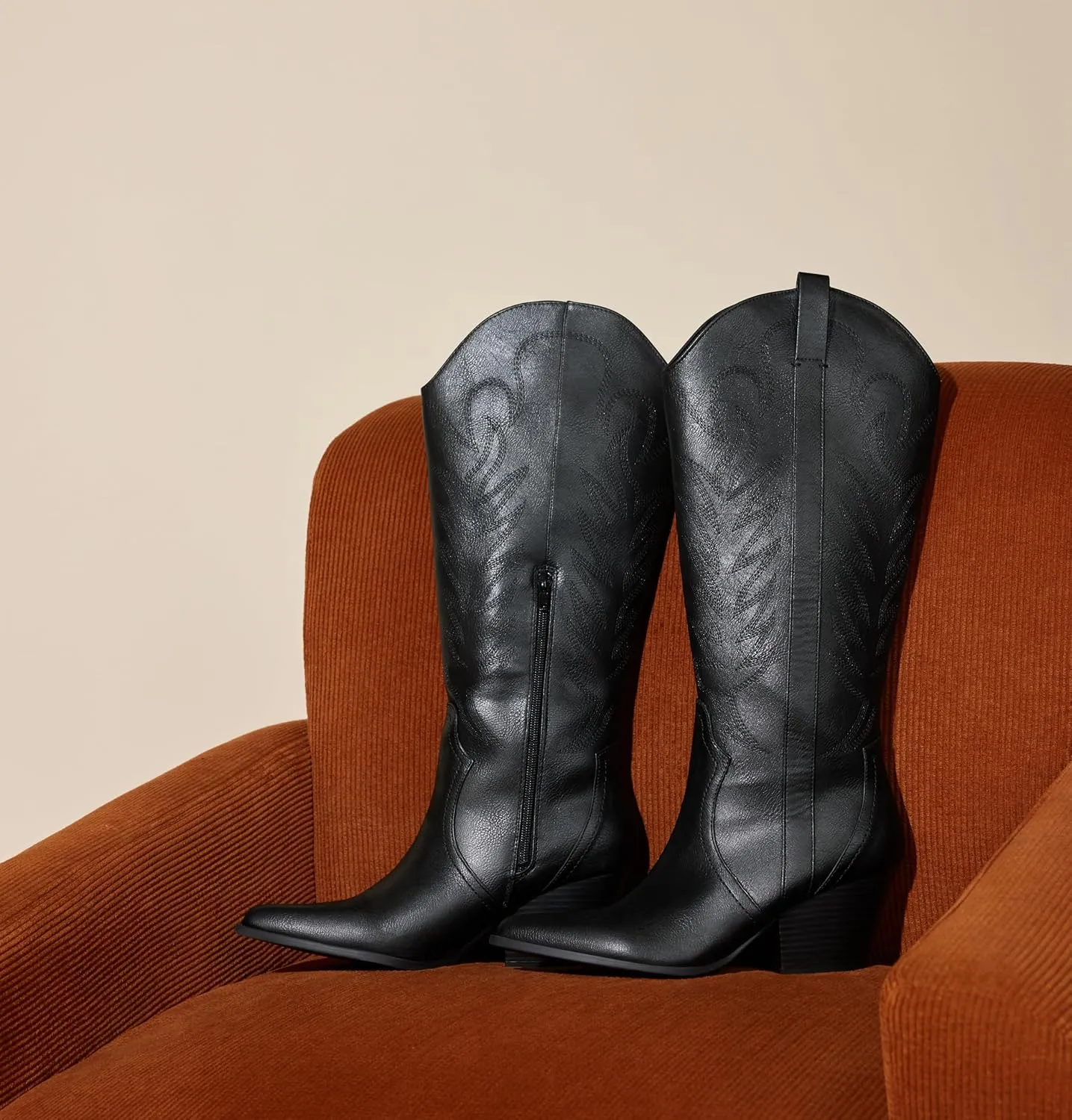 Arromic Cowboy Boots for Women Comfortable Womens Embroidered Western Cowgirl Knee High Boots Pointed Toe Zipper Chunky Heel Country Outfit Retro Tall Boots