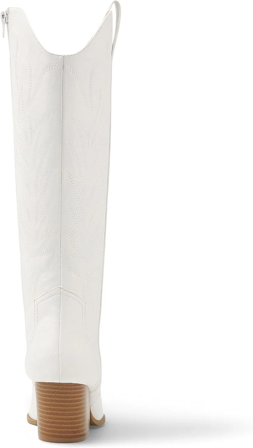 Arromic Cowboy Boots for Women Comfortable Womens Embroidered Western Cowgirl Knee High Boots Pointed Toe Zipper Chunky Heel Country Outfit Retro Tall Boots