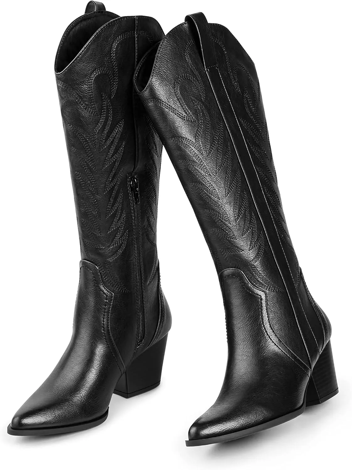 Arromic Cowboy Boots for Women Comfortable Womens Embroidered Western Cowgirl Knee High Boots Pointed Toe Zipper Chunky Heel Country Outfit Retro Tall Boots