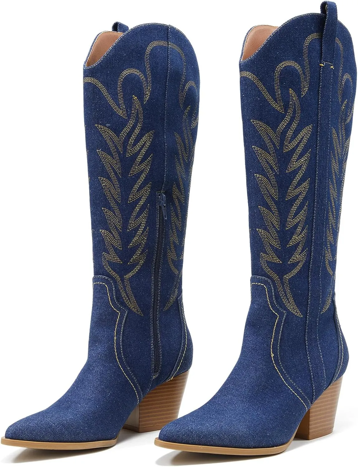 Arromic Cowboy Boots for Women Comfortable Womens Embroidered Western Cowgirl Knee High Boots Pointed Toe Zipper Chunky Heel Country Outfit Retro Tall Boots