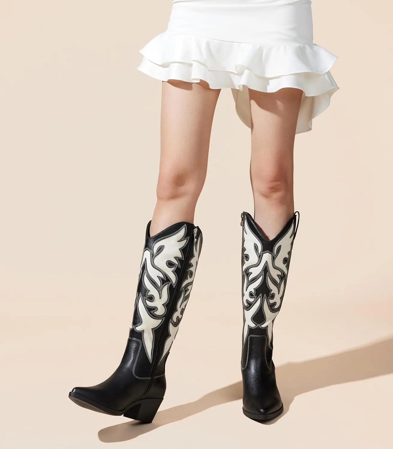 Arromic Cowboy Boots for Women Comfortable Womens Embroidered Western Cowgirl Knee High Boots Pointed Toe Zipper Chunky Heel Country Outfit Retro Tall Boots