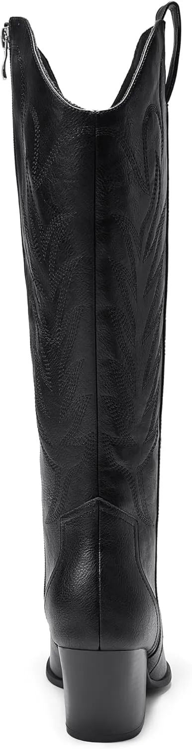 Arromic Cowboy Boots for Women Comfortable Womens Embroidered Western Cowgirl Knee High Boots Pointed Toe Zipper Chunky Heel Country Outfit Retro Tall Boots