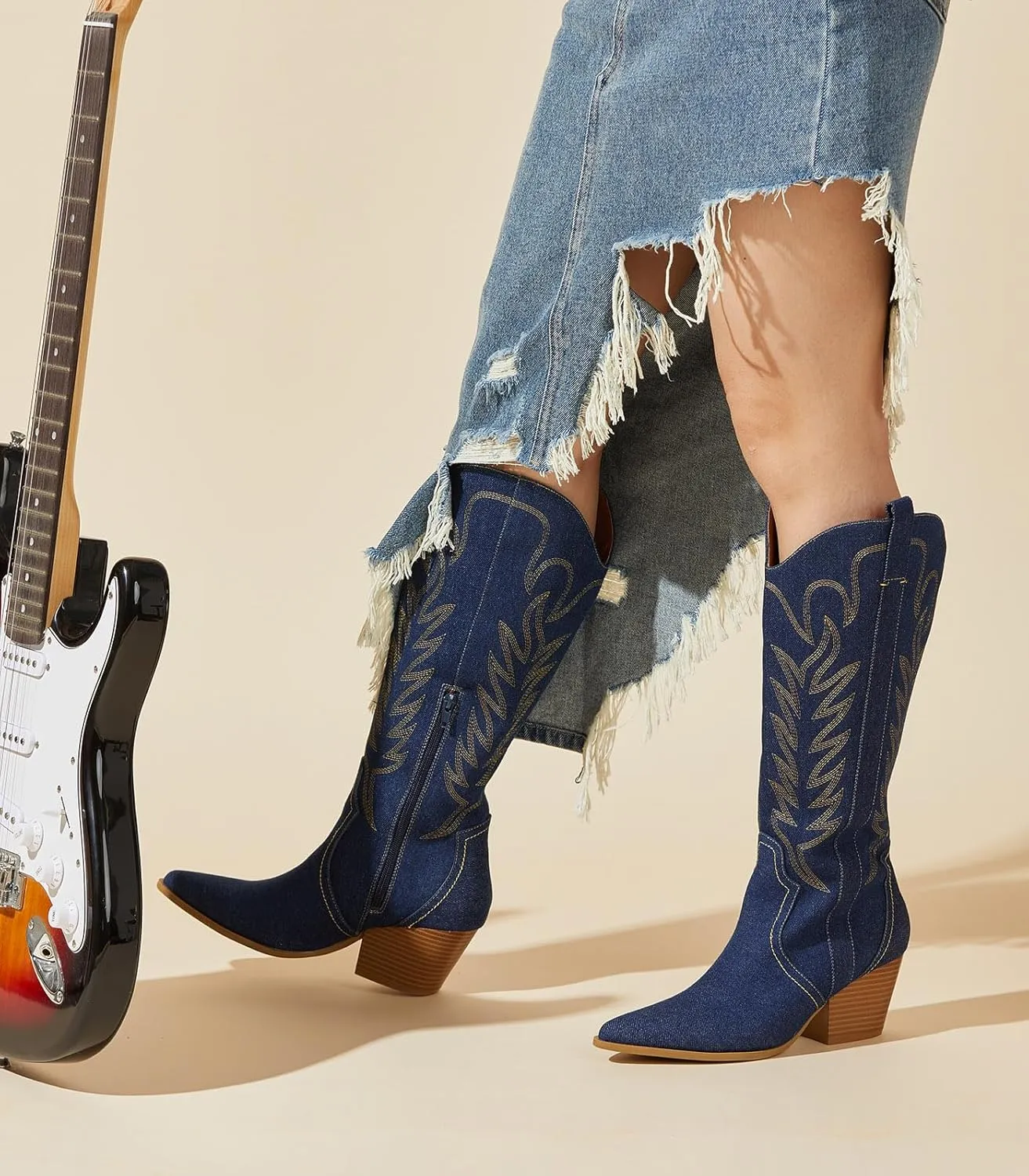 Arromic Cowboy Boots for Women Comfortable Womens Embroidered Western Cowgirl Knee High Boots Pointed Toe Zipper Chunky Heel Country Outfit Retro Tall Boots
