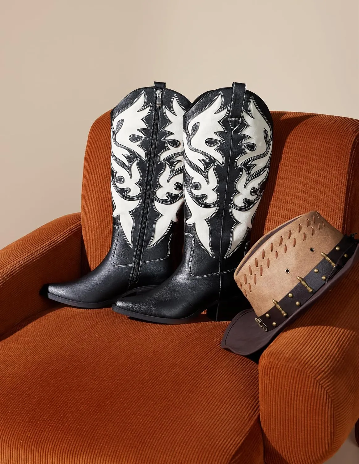 Arromic Cowboy Boots for Women Comfortable Womens Embroidered Western Cowgirl Knee High Boots Pointed Toe Zipper Chunky Heel Country Outfit Retro Tall Boots