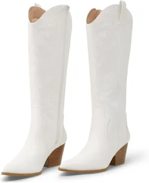 Arromic Cowboy Boots for Women Comfortable Womens Embroidered Western Cowgirl Knee High Boots Pointed Toe Zipper Chunky Heel Country Outfit Retro Tall Boots