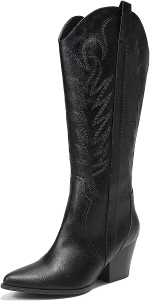 Arromic Cowboy Boots for Women Comfortable Womens Embroidered Western Cowgirl Knee High Boots Pointed Toe Zipper Chunky Heel Country Outfit Retro Tall Boots