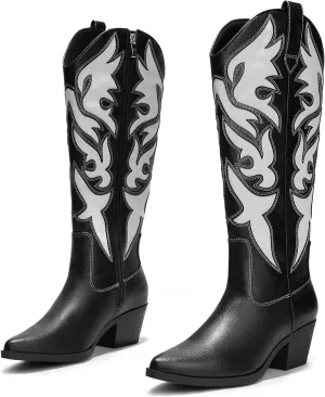 Arromic Cowboy Boots for Women Comfortable Womens Embroidered Western Cowgirl Knee High Boots Pointed Toe Zipper Chunky Heel Country Outfit Retro Tall Boots