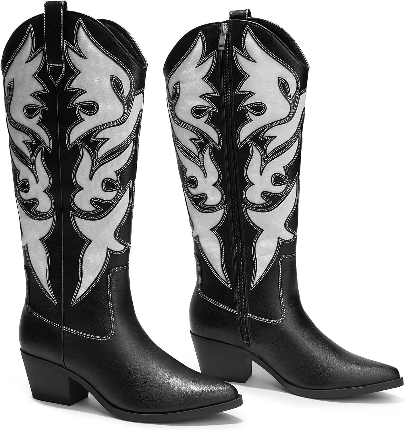 Arromic Cowboy Boots for Women Comfortable Womens Embroidered Western Cowgirl Knee High Boots Pointed Toe Zipper Chunky Heel Country Outfit Retro Tall Boots