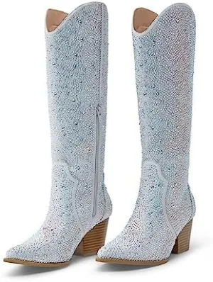 Arromic Cowboy Boots for Women Comfortable Womens Embroidered Western Cowgirl Knee High Boots Pointed Toe Zipper Chunky Heel Country Outfit Retro Tall Boots
