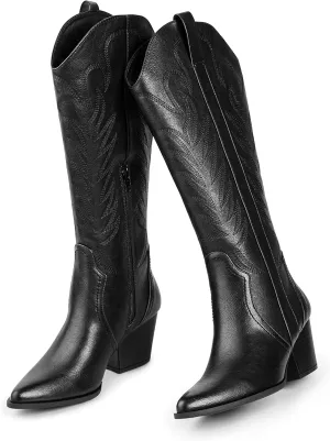 Arromic Cowboy Boots for Women Comfortable Womens Embroidered Western Cowgirl Knee High Boots Pointed Toe Zipper Chunky Heel Country Outfit Retro Tall Boots