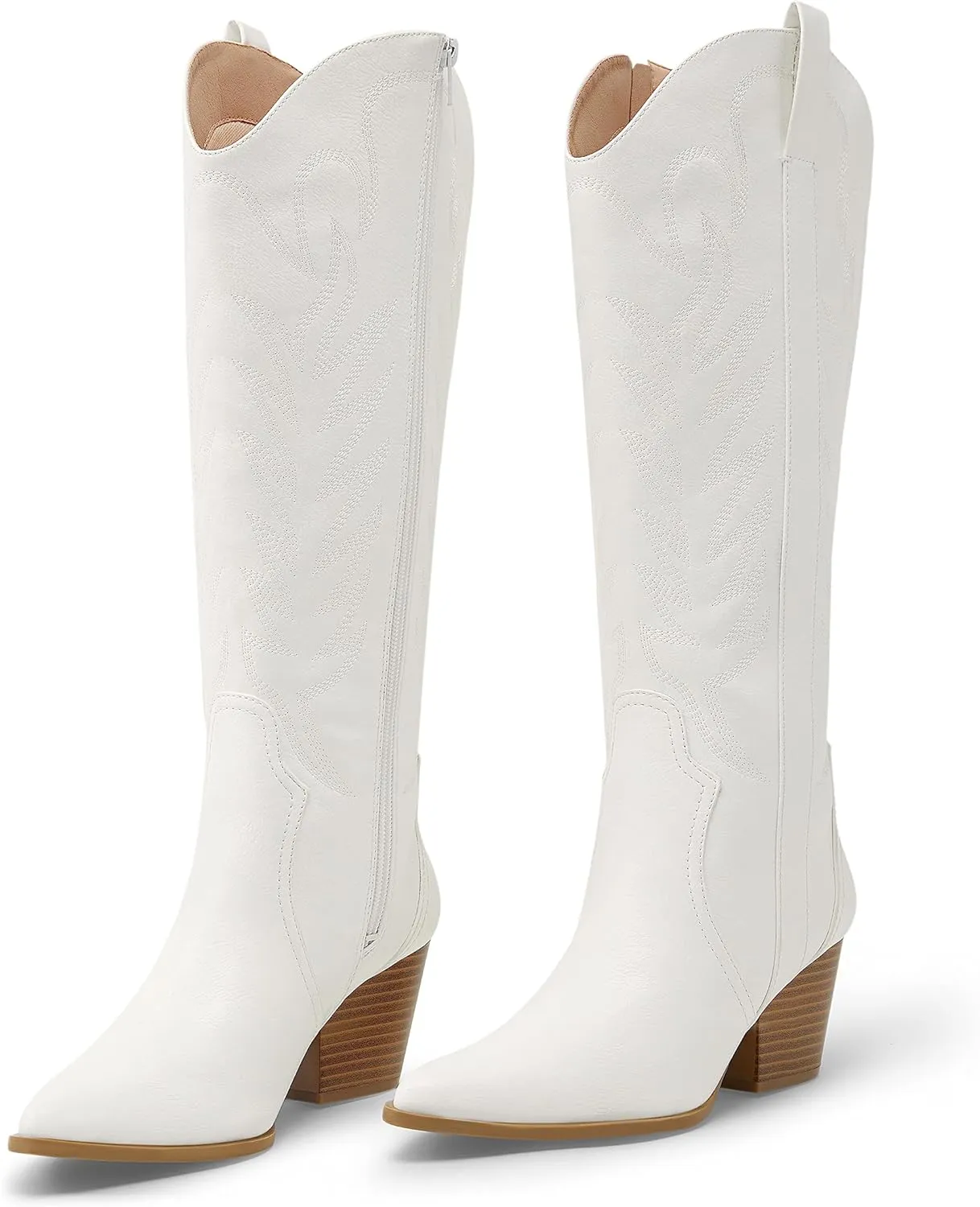 Arromic Cowboy Boots for Women Comfortable Womens Embroidered Western Cowgirl Knee High Boots Pointed Toe Zipper Chunky Heel Country Outfit Retro Tall Boots