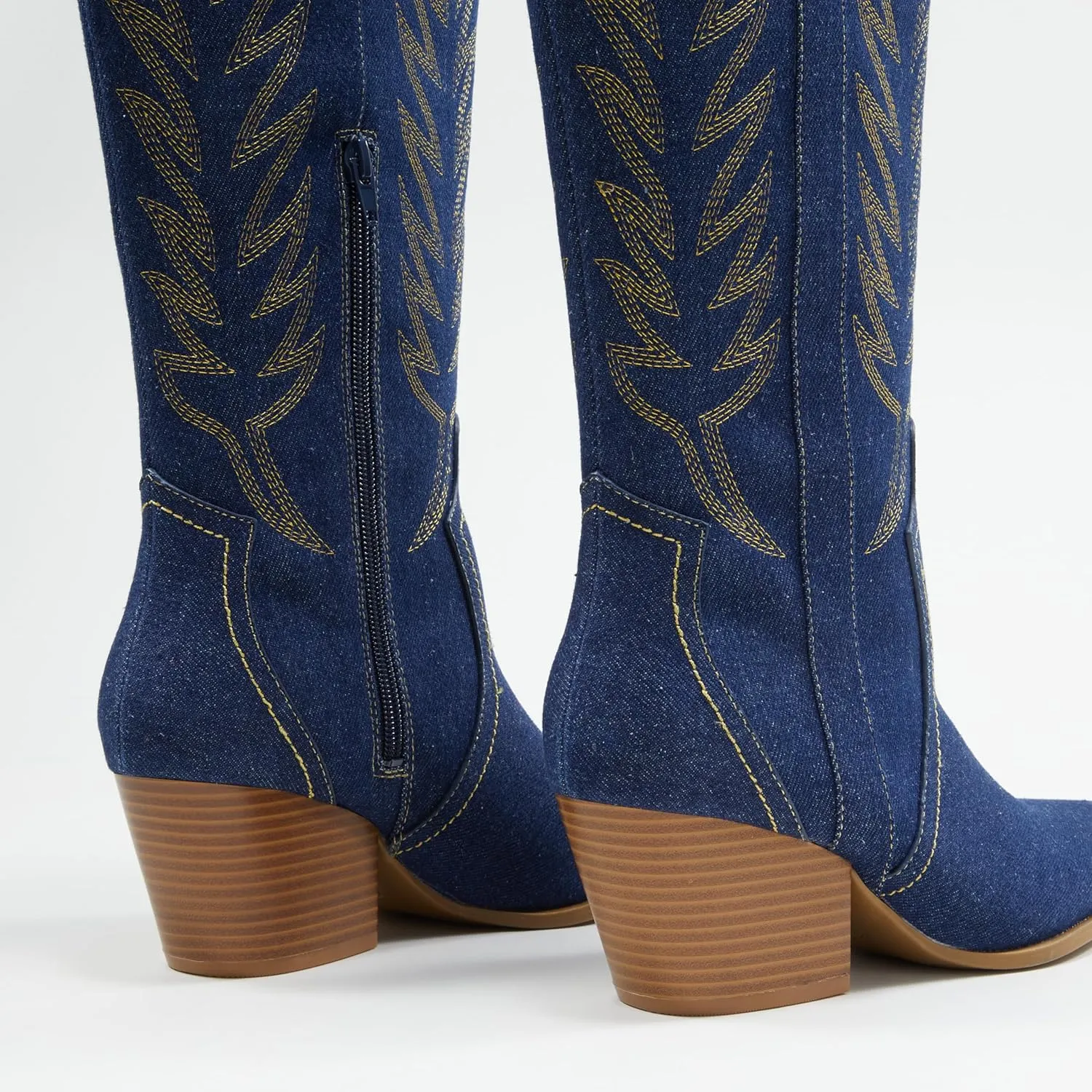 Arromic Cowboy Boots for Women Comfortable Womens Embroidered Western Cowgirl Knee High Boots Pointed Toe Zipper Chunky Heel Country Outfit Retro Tall Boots