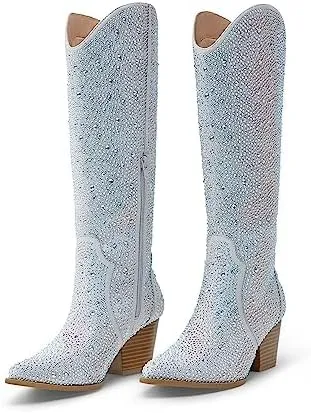 Arromic Cowboy Boots for Women Comfortable Womens Embroidered Western Cowgirl Knee High Boots Pointed Toe Zipper Chunky Heel Country Outfit Retro Tall Boots