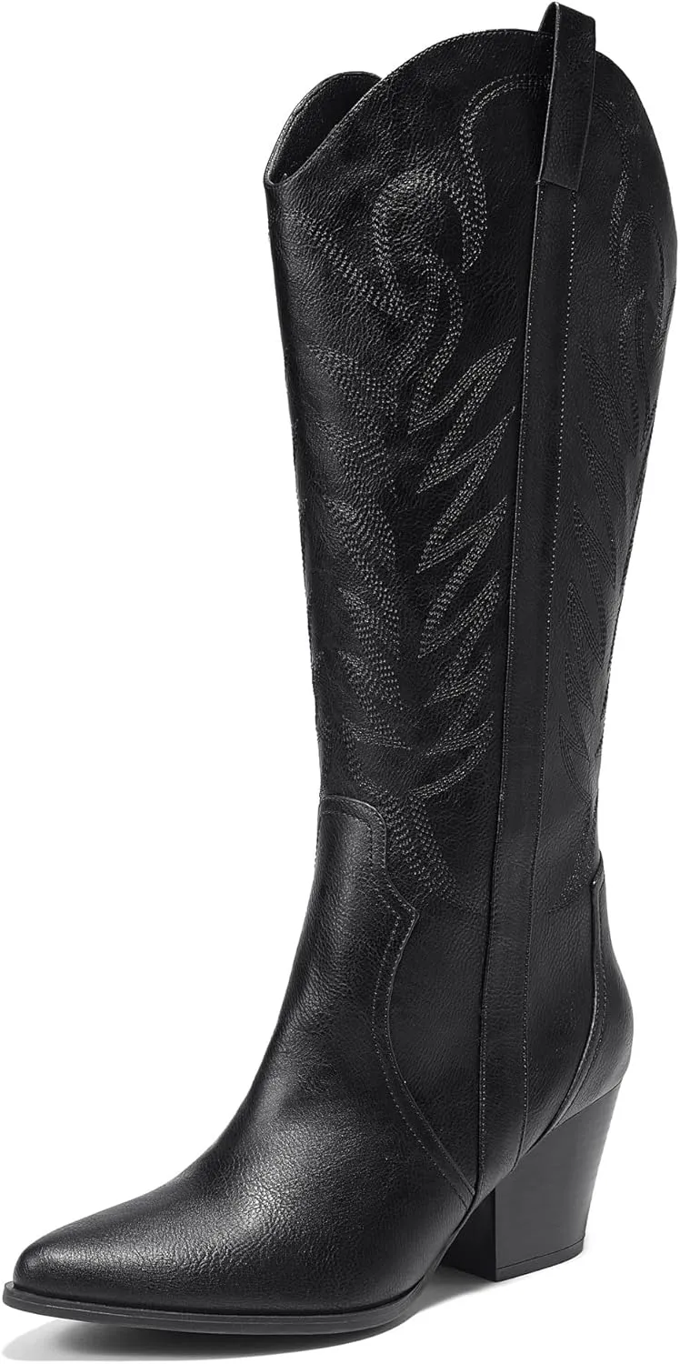 Arromic Cowboy Boots for Women Comfortable Womens Embroidered Western Cowgirl Knee High Boots Pointed Toe Zipper Chunky Heel Country Outfit Retro Tall Boots