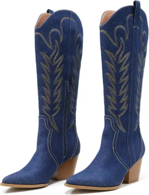 Arromic Cowboy Boots for Women Comfortable Womens Embroidered Western Cowgirl Knee High Boots Pointed Toe Zipper Chunky Heel Country Outfit Retro Tall Boots
