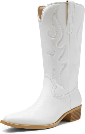 Arromic Wide Calf Cowboy Boots Women Western Cowgirl Boots Square Toe Mid Calf Embroidered Pull on Chunky Heel Fashion Boots