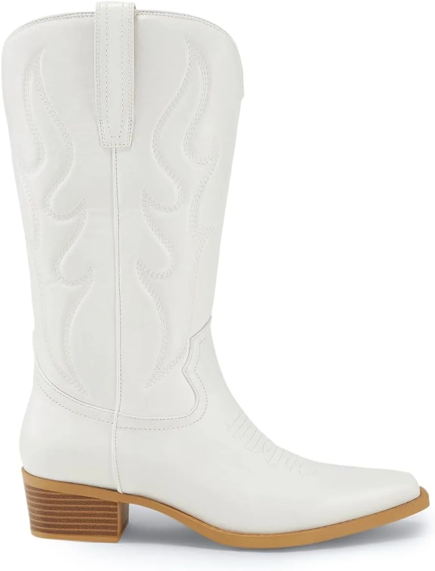 Arromic Wide Calf Cowboy Boots Women Western Cowgirl Boots Square Toe Mid Calf Embroidered Pull on Chunky Heel Fashion Boots