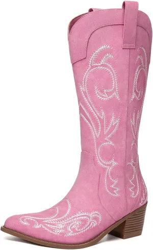 Athlefit Cowboy Boots for Women Western Cowgirl Boots Fashion Embroidered Pointed Toe Chunky Heel Mid Calf Boots