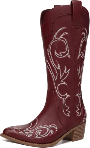 Athlefit Cowboy Boots for Women Western Cowgirl Boots Fashion Embroidered Pointed Toe Chunky Heel Mid Calf Boots