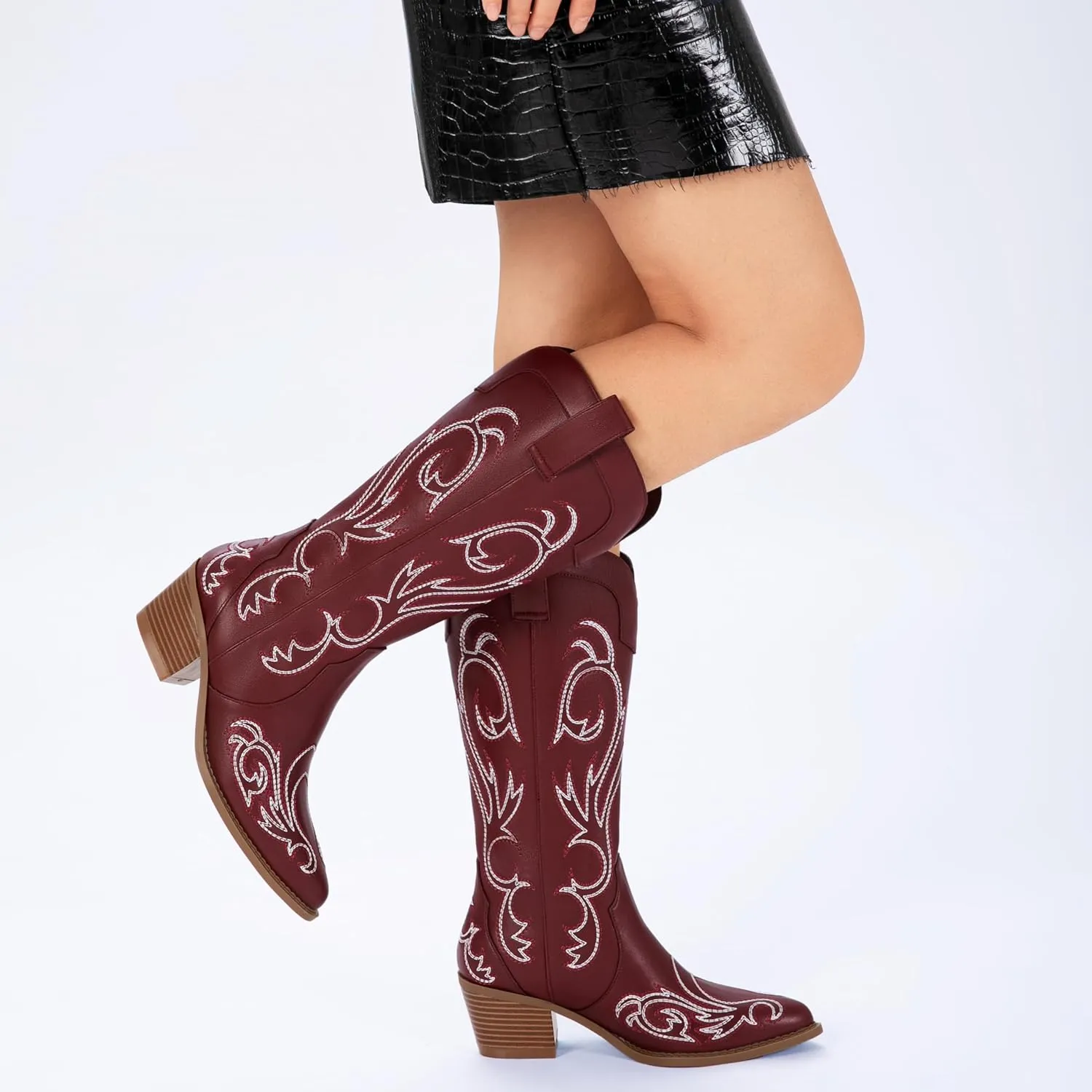 Athlefit Cowboy Boots for Women Western Cowgirl Boots Fashion Embroidered Pointed Toe Chunky Heel Mid Calf Boots