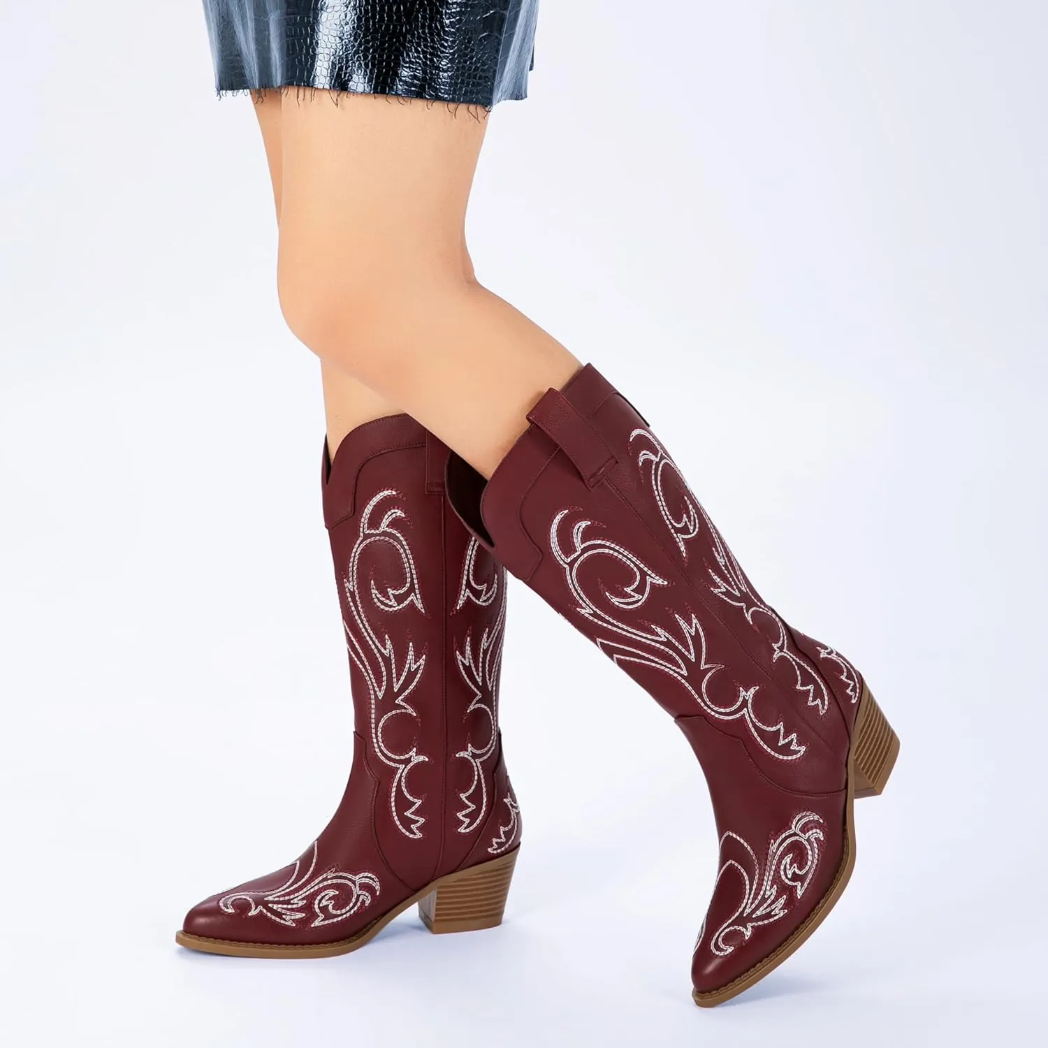 Athlefit Cowboy Boots for Women Western Cowgirl Boots Fashion Embroidered Pointed Toe Chunky Heel Mid Calf Boots
