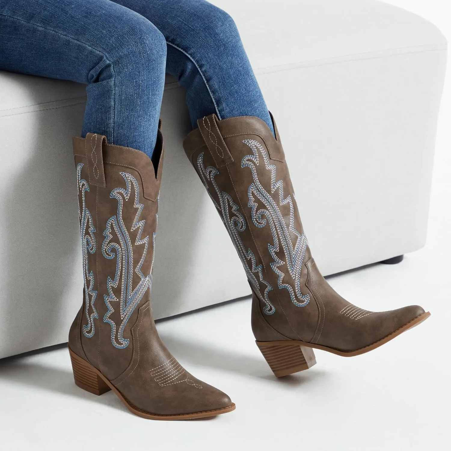 Athlefit Cowboy Boots for Women Western Cowgirl Boots Fashion Embroidered Pointed Toe Chunky Heel Mid Calf Boots