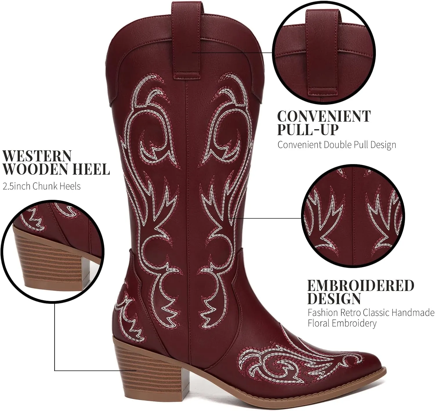Athlefit Cowboy Boots for Women Western Cowgirl Boots Fashion Embroidered Pointed Toe Chunky Heel Mid Calf Boots
