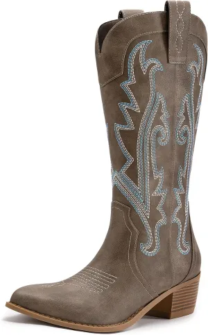 Athlefit Cowboy Boots for Women Western Cowgirl Boots Fashion Embroidered Pointed Toe Chunky Heel Mid Calf Boots