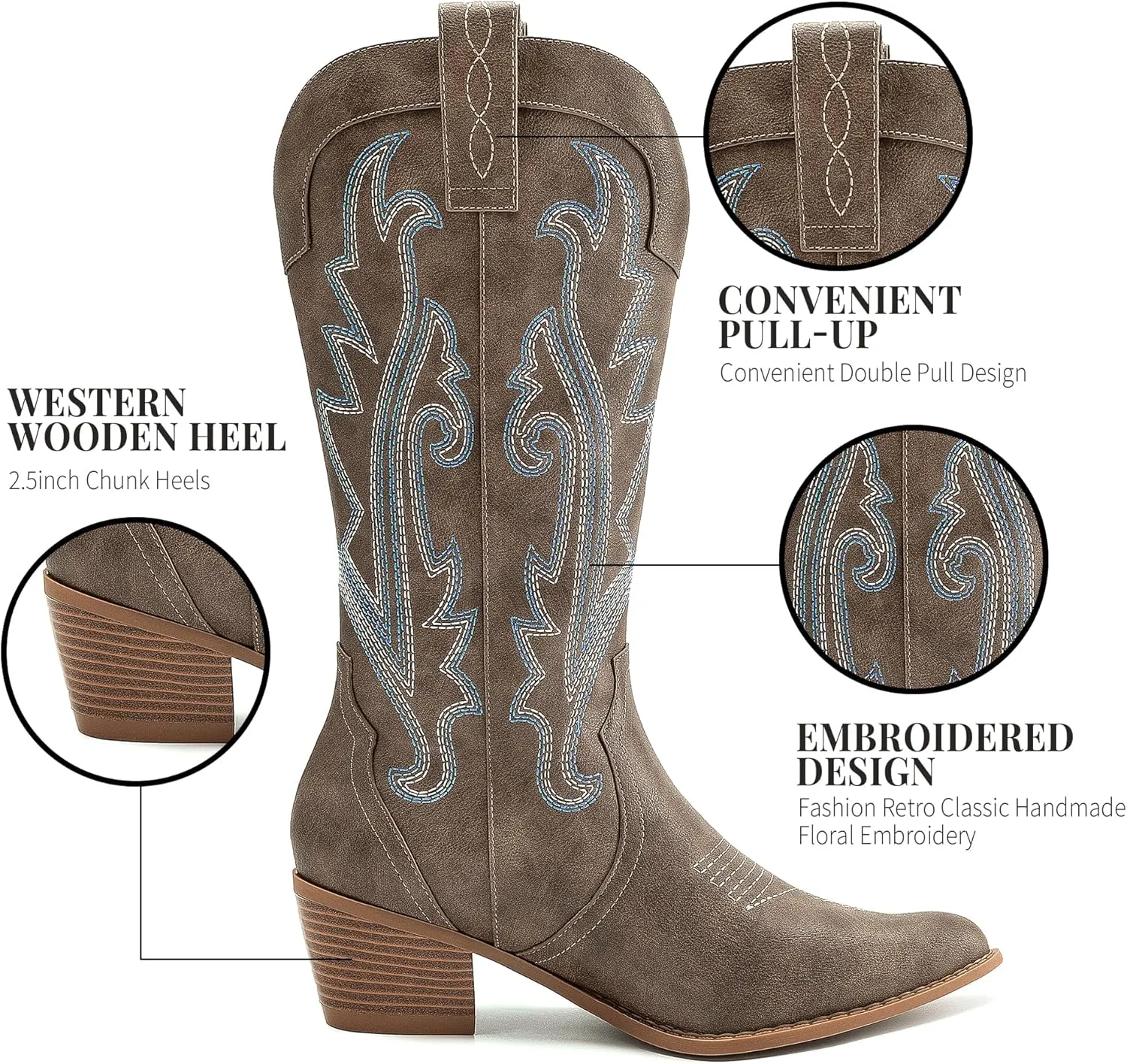 Athlefit Cowboy Boots for Women Western Cowgirl Boots Fashion Embroidered Pointed Toe Chunky Heel Mid Calf Boots