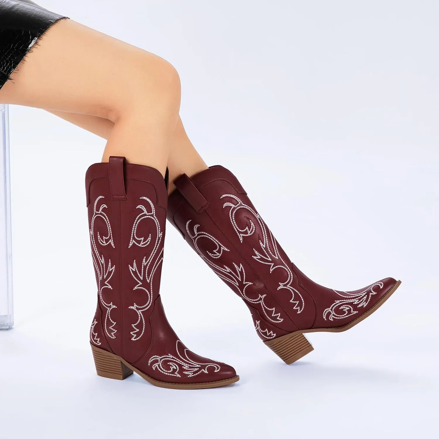 Athlefit Cowboy Boots for Women Western Cowgirl Boots Fashion Embroidered Pointed Toe Chunky Heel Mid Calf Boots