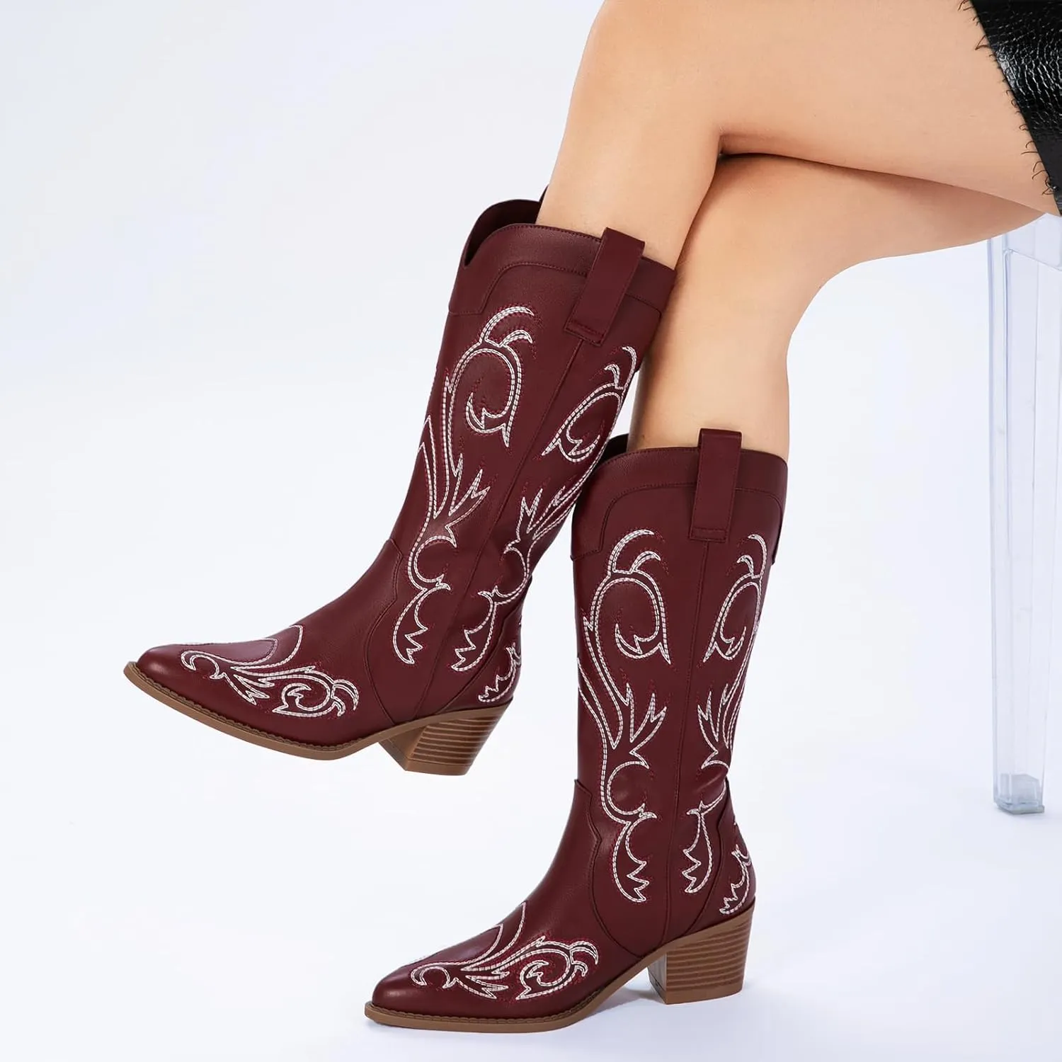 Athlefit Cowboy Boots for Women Western Cowgirl Boots Fashion Embroidered Pointed Toe Chunky Heel Mid Calf Boots