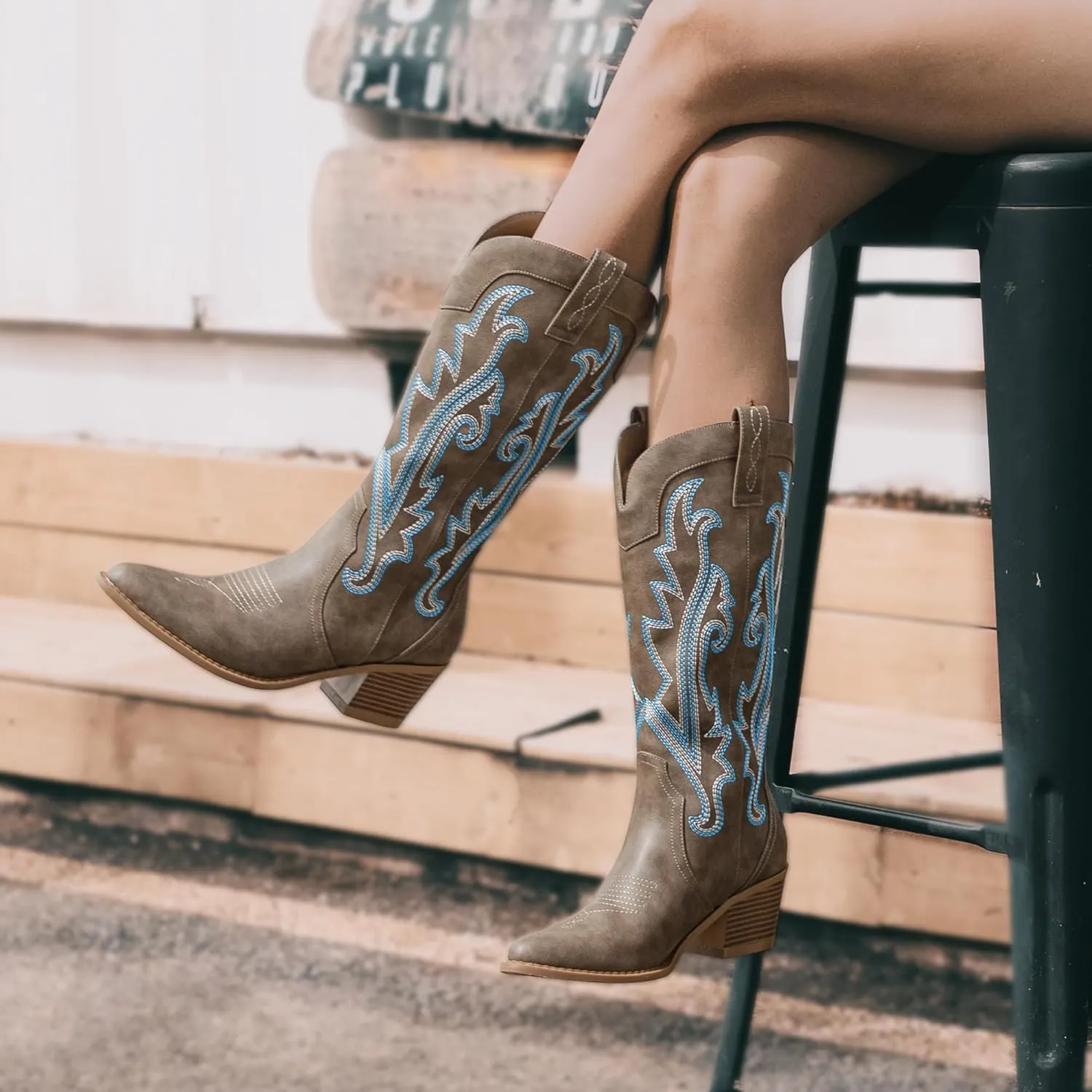 Athlefit Cowboy Boots for Women Western Cowgirl Boots Fashion Embroidered Pointed Toe Chunky Heel Mid Calf Boots