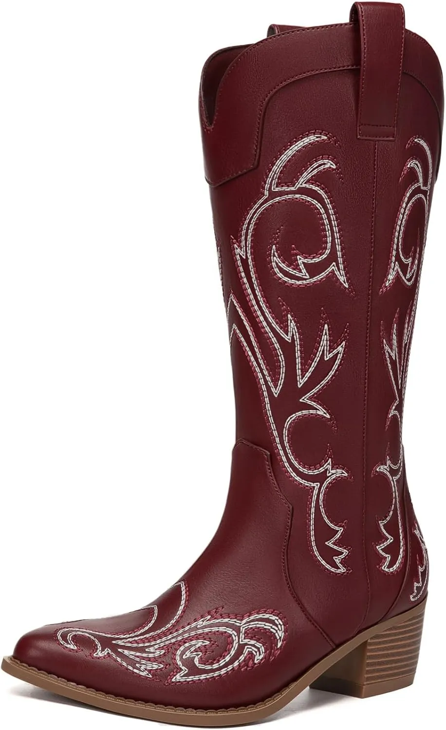 Athlefit Cowboy Boots for Women Western Cowgirl Boots Fashion Embroidered Pointed Toe Chunky Heel Mid Calf Boots
