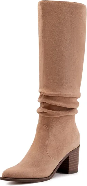 Athlefit Womens Knee High Chunky Heel Boots Faux Suede Pointed Toe Side Zipper Boots