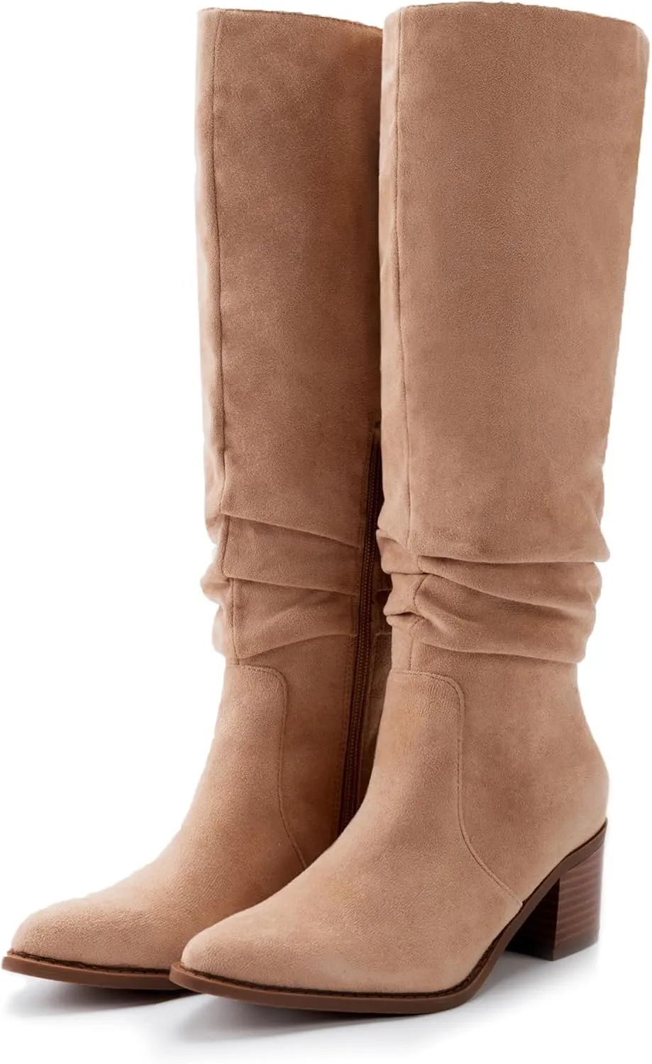 Athlefit Womens Knee High Chunky Heel Boots Faux Suede Pointed Toe Side Zipper Boots