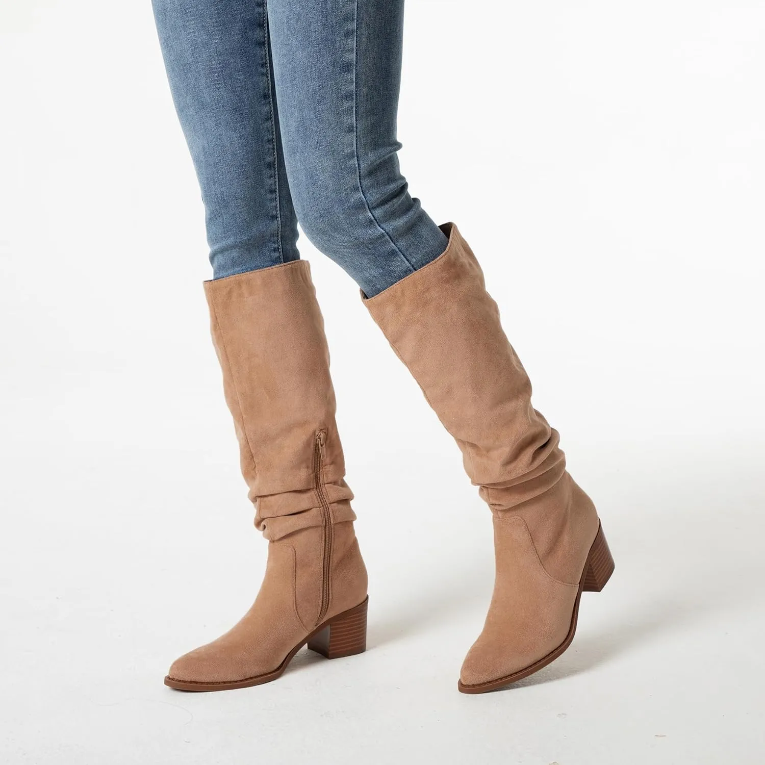 Athlefit Womens Knee High Chunky Heel Boots Faux Suede Pointed Toe Side Zipper Boots