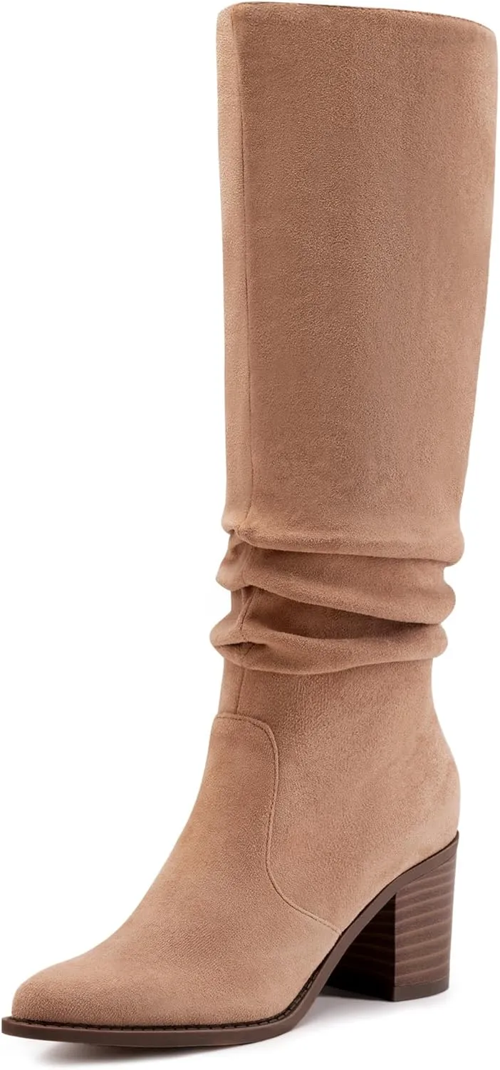 Athlefit Womens Knee High Chunky Heel Boots Faux Suede Pointed Toe Side Zipper Boots