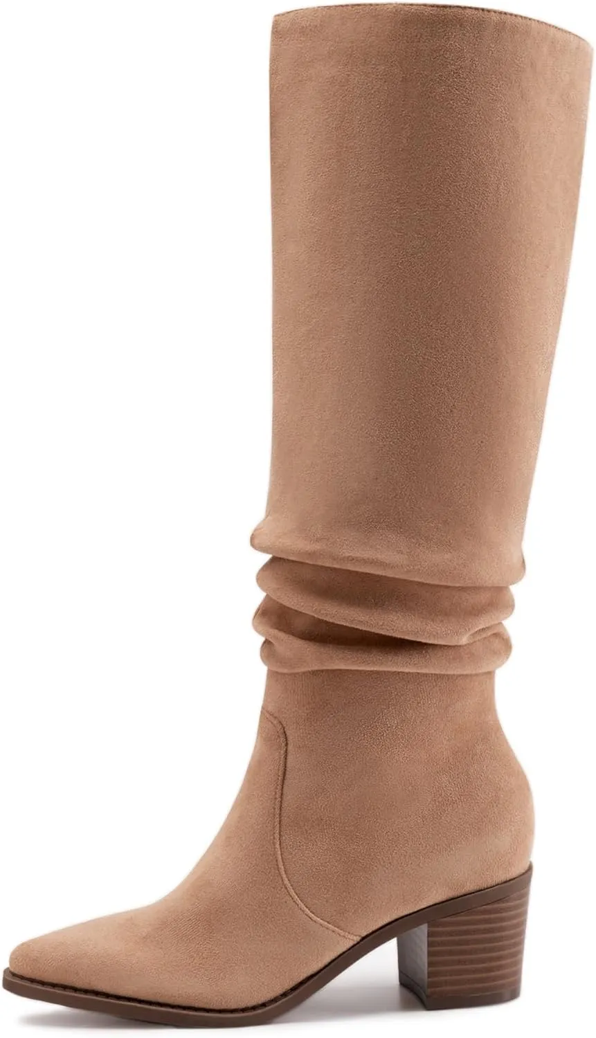 Athlefit Womens Knee High Chunky Heel Boots Faux Suede Pointed Toe Side Zipper Boots