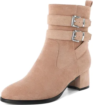 AUMOTED Kitten Low Ankle Boots for Women Chunky Block Heel Bootie Side Zipper Round Toe Double Adjustable Buckle Boots Women 2 Inch Heeled Boots