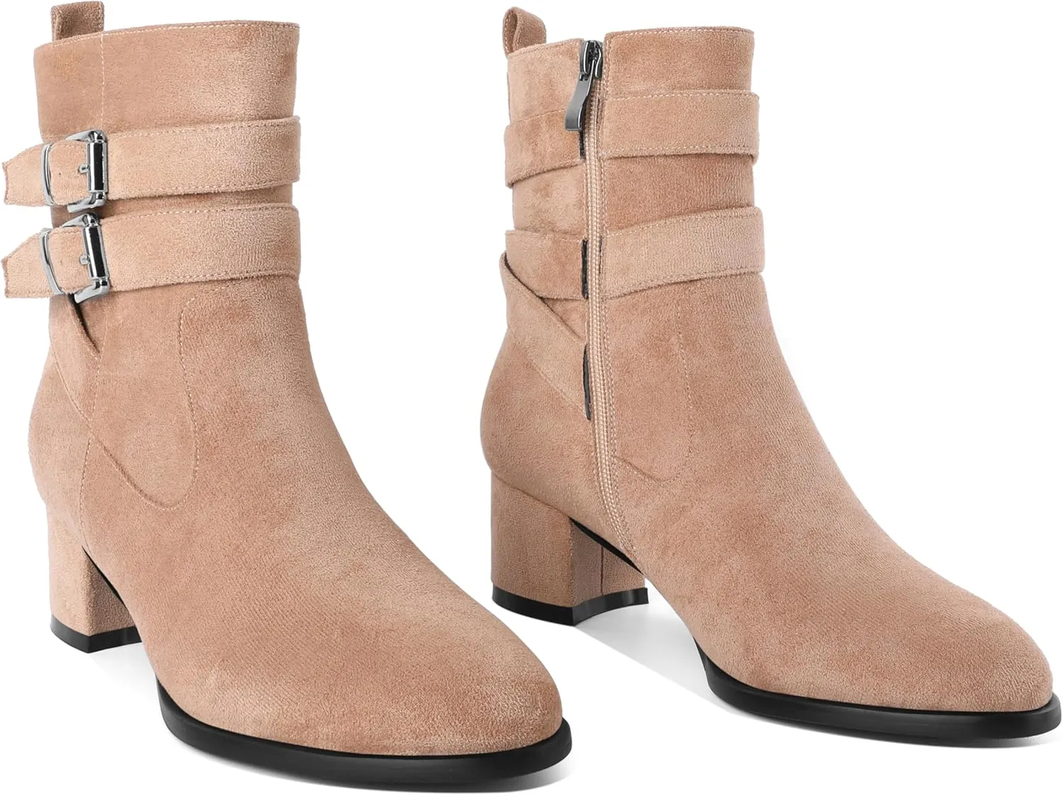 AUMOTED Kitten Low Ankle Boots for Women Chunky Block Heel Bootie Side Zipper Round Toe Double Adjustable Buckle Boots Women 2 Inch Heeled Boots