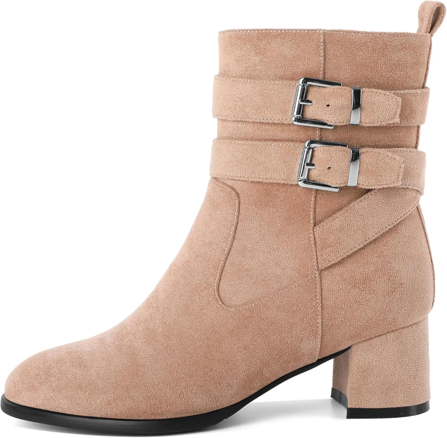 AUMOTED Kitten Low Ankle Boots for Women Chunky Block Heel Bootie Side Zipper Round Toe Double Adjustable Buckle Boots Women 2 Inch Heeled Boots