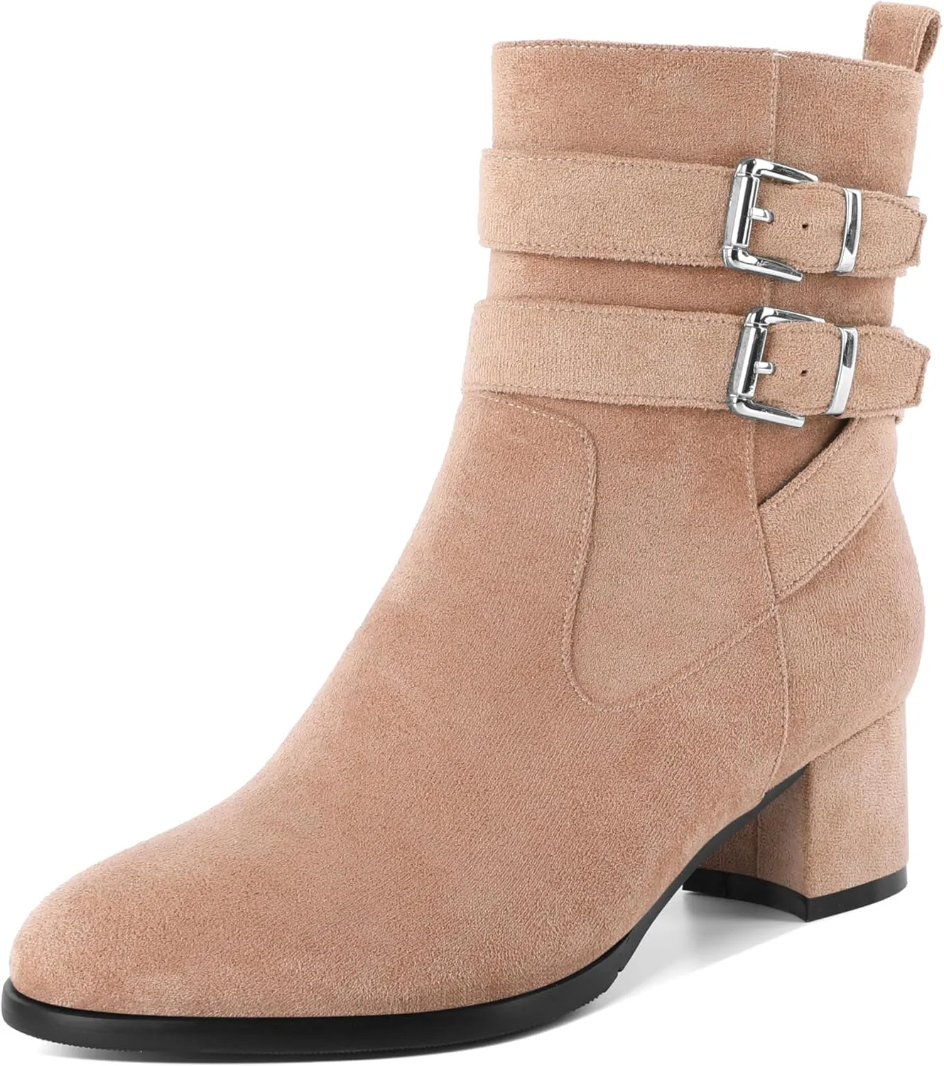 AUMOTED Kitten Low Ankle Boots for Women Chunky Block Heel Bootie Side Zipper Round Toe Double Adjustable Buckle Boots Women 2 Inch Heeled Boots