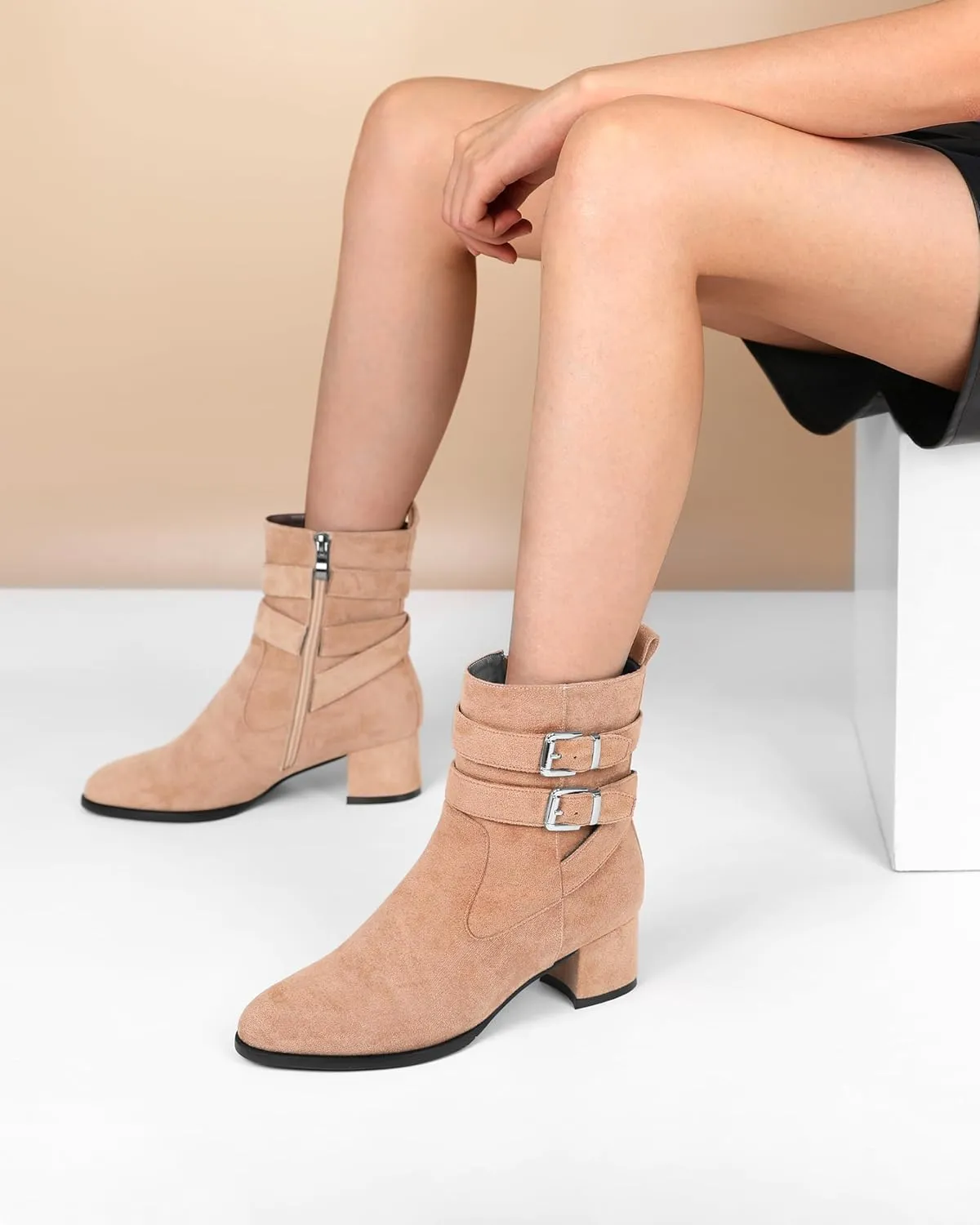 AUMOTED Kitten Low Ankle Boots for Women Chunky Block Heel Bootie Side Zipper Round Toe Double Adjustable Buckle Boots Women 2 Inch Heeled Boots
