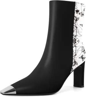AUMOTED Women's Chunky High Heel Ankle Booties Silver Cap Square Toe Boots Side Zipper Fashion Short Boots 3.5 Inch