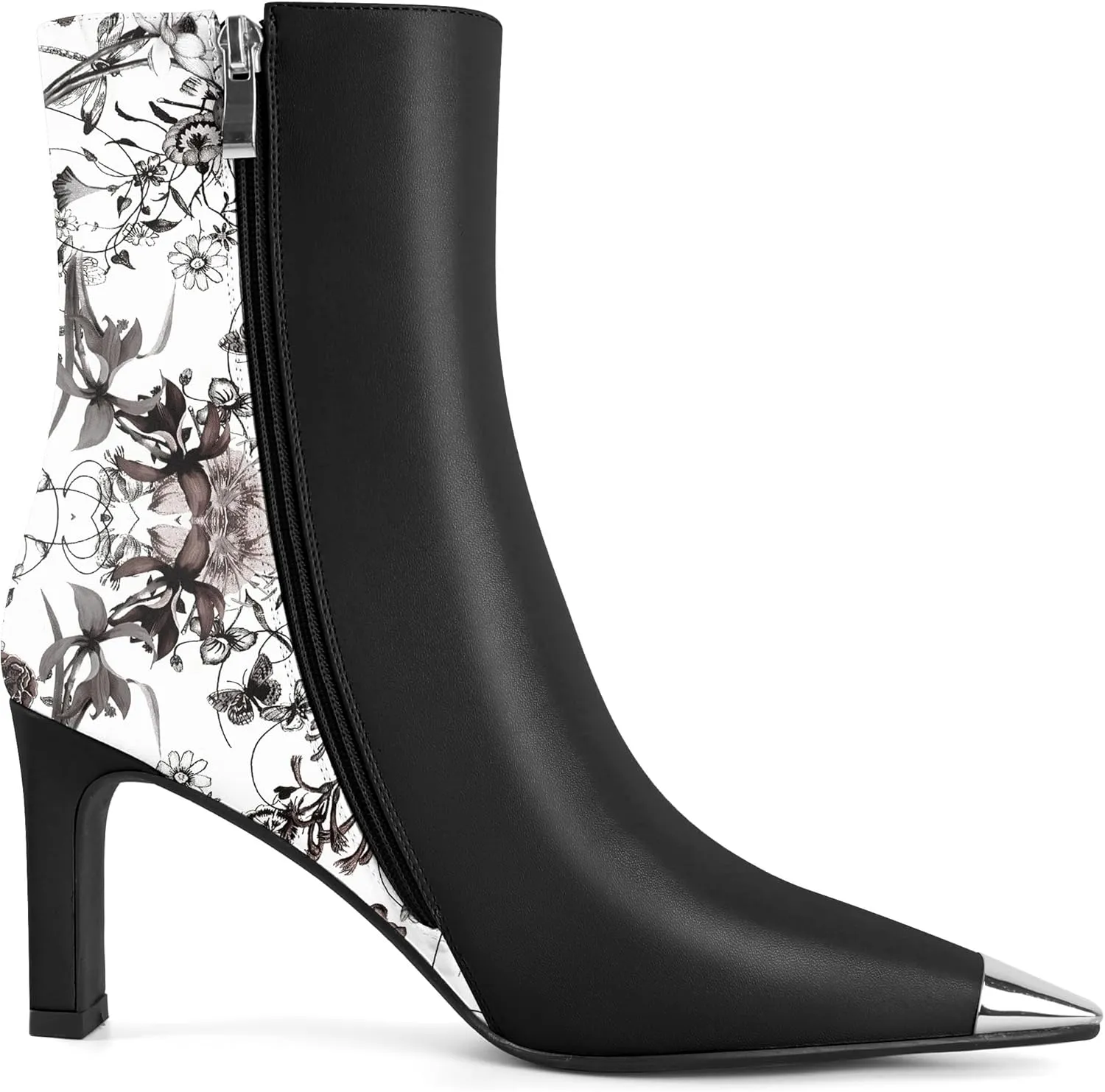AUMOTED Women's Chunky High Heel Ankle Booties Silver Cap Square Toe Boots Side Zipper Fashion Short Boots 3.5 Inch
