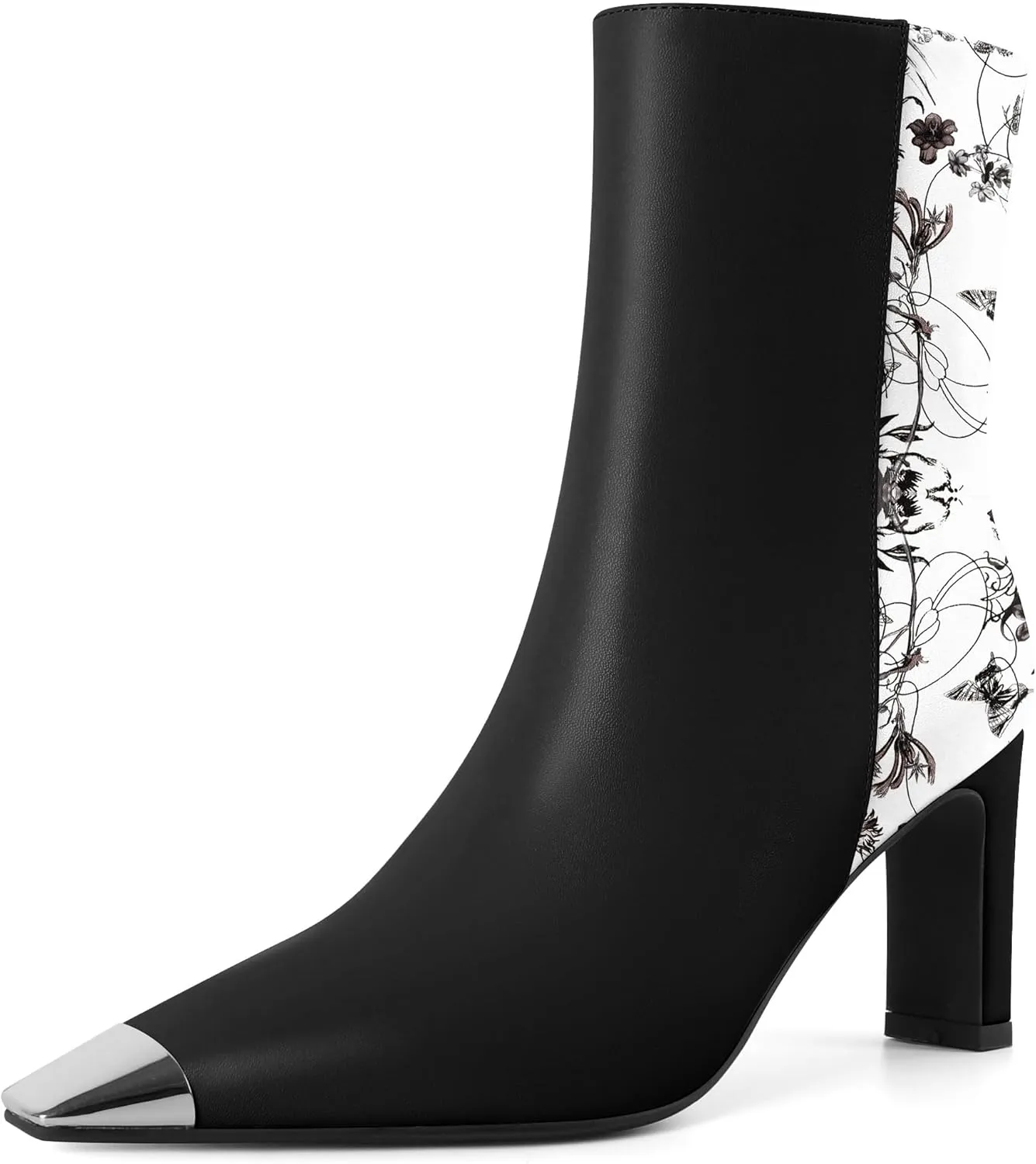 AUMOTED Women's Chunky High Heel Ankle Booties Silver Cap Square Toe Boots Side Zipper Fashion Short Boots 3.5 Inch