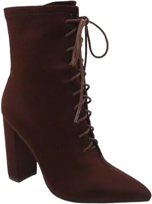 BAMBOO Women Chunky High Heel Ankle Boots Pointed Toe Lace up Booties