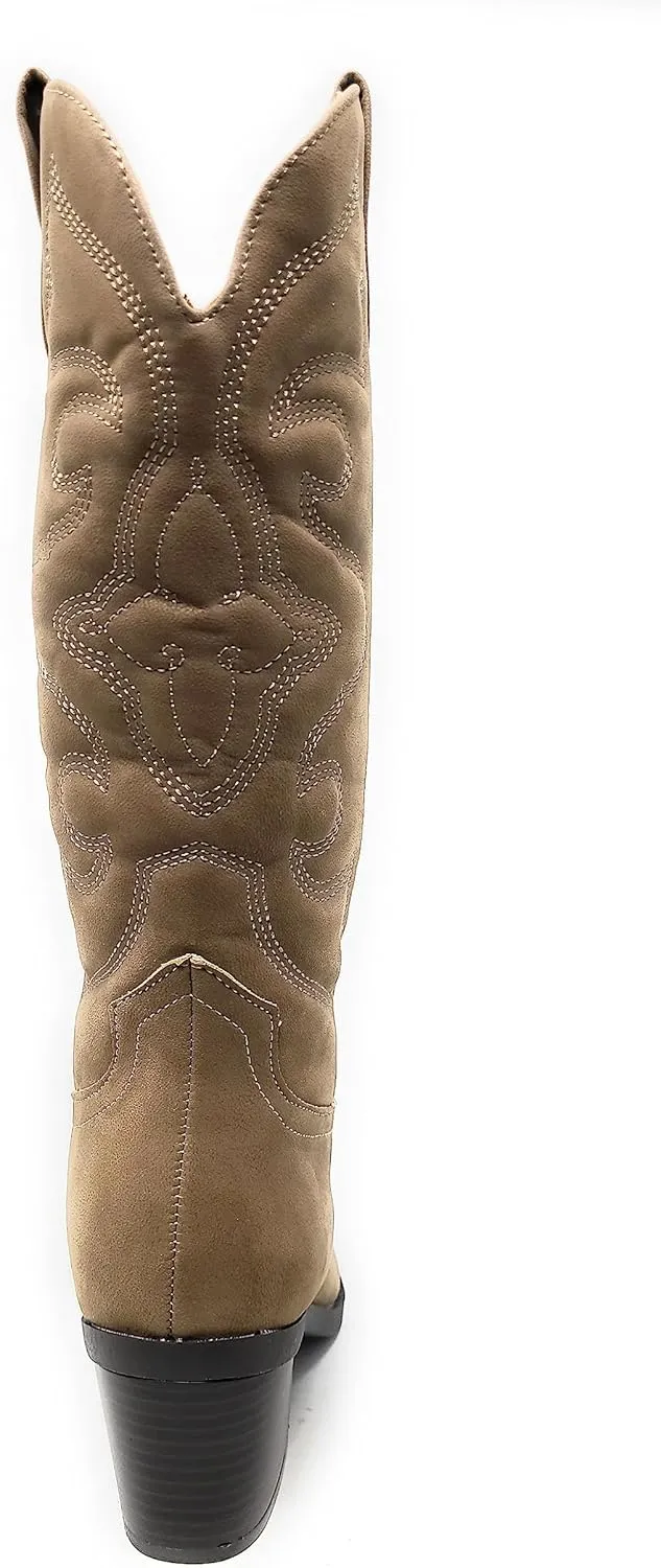 BAMBOO Women's Western Cowboy Boots Mid Calf High Cowgirl Boots Embroidered Pointed Toe Chunky Heel Fashion Retro Classic Boot Pull On Mindful-04